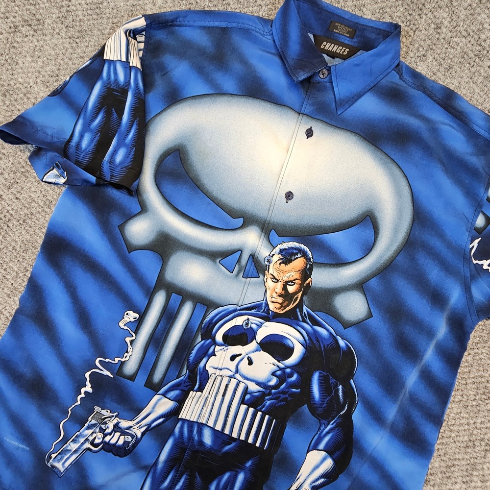 Vintage 2000 Marvel The Punisher Changes Button Down Shirt All Over Print M read